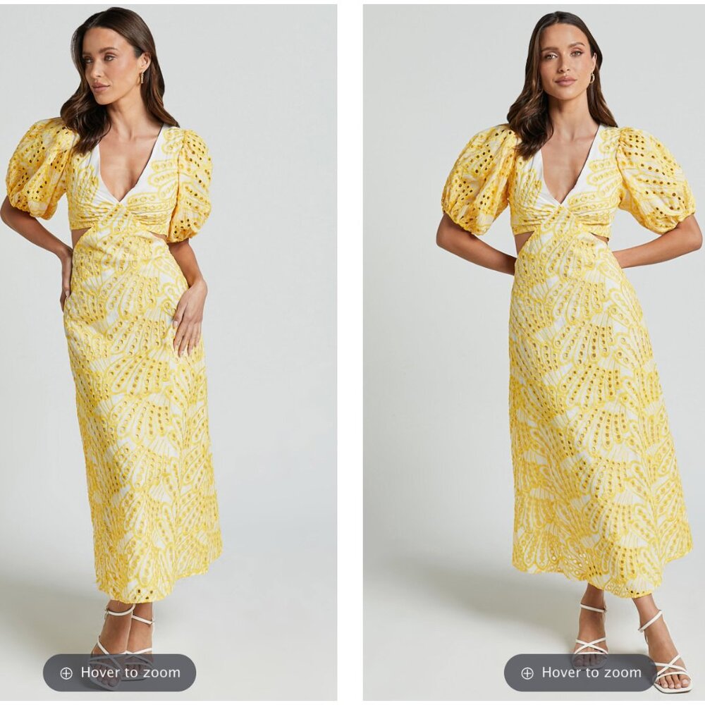 NWT Plunge Neck Puff Sleeve Side Cut Out Dress in White and Yellow